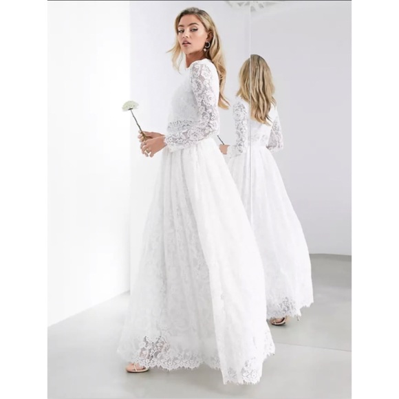 ASOS BRIDAL EDITION Grace Lace Long Sleeve Crop Top Maxi Wedding Dress - Picture 3 of 16